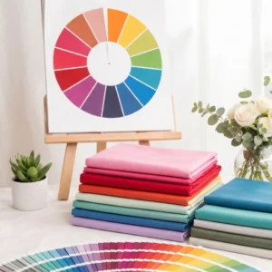 Nuancier de colorimétrie avec cercle chromatique et tissus colorés utilisés en conseil en image et relooking.