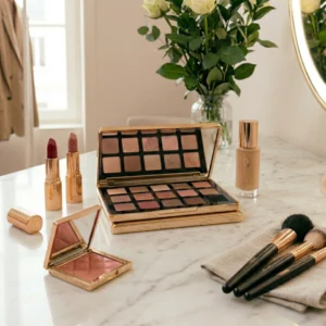 Cours d’auto maquillage avec palette, pinceaux et produits cosmétiques pour sublimer le visage en conseil en image
