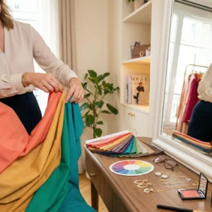 Vue rapprochée d'une séance de colorimétrie avec des tissus de draping colorés, un nuancier professionnel, des lunettes et des accessoires de maquillage sur une coiffeuse élégante.
