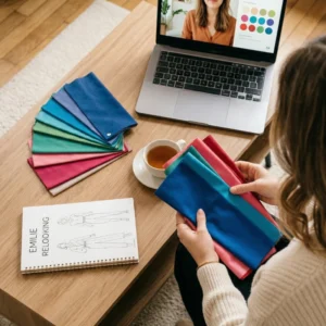 Une cliente vue de dos lors d'une séance de conseil en image à distance sur son ordinateur portable. Sur la table basse, des nuanciers de colorimétrie colorés et un carnet de croquis de silhouettes de mode sont visibles.