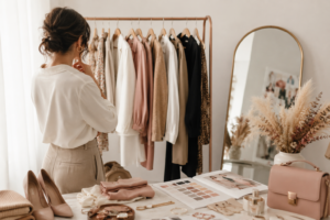 Femme réalisant un relooking dans un dressing élégant, choisissant des vêtements adaptés à son style et à sa morphologie pour améliorer son image et sa confiance en soi